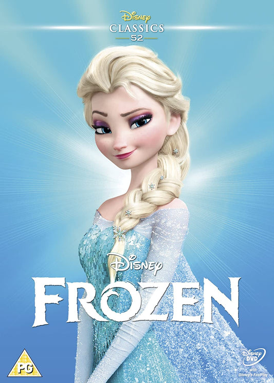 "Disney Frozen DVD cover featuring main characters, including Olaf, Sven, and the royal siblings."