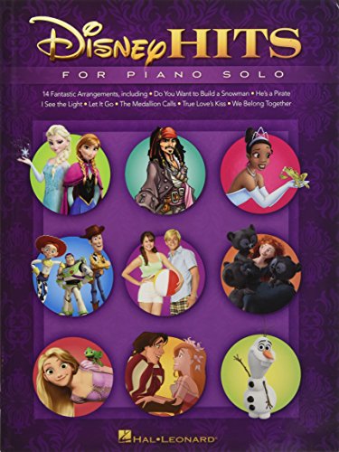 Sheet music cover for "Disney Hits For Piano Solo" featuring Disney characters.