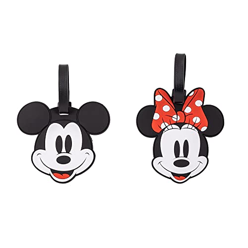 Black Mickey and Minnie Mouse shaped luggage tags on white background.