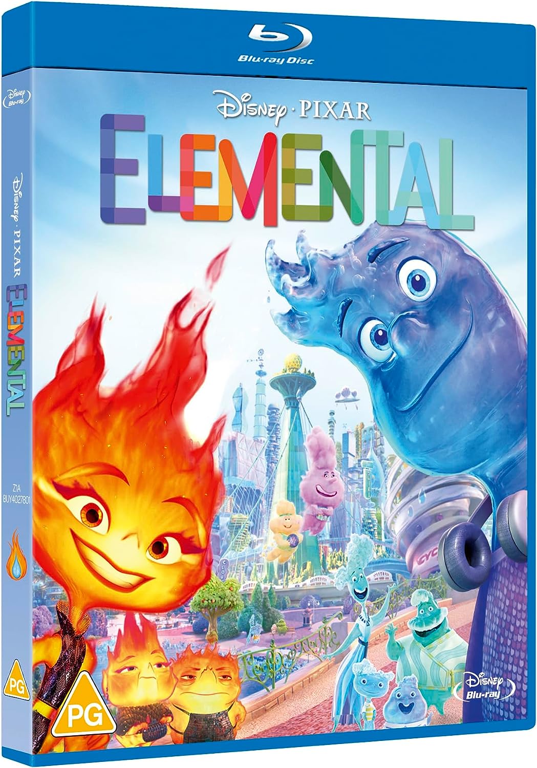 Blu-ray cover art for Disney Pixar's Elemental featuring fire and water characters in Element City.