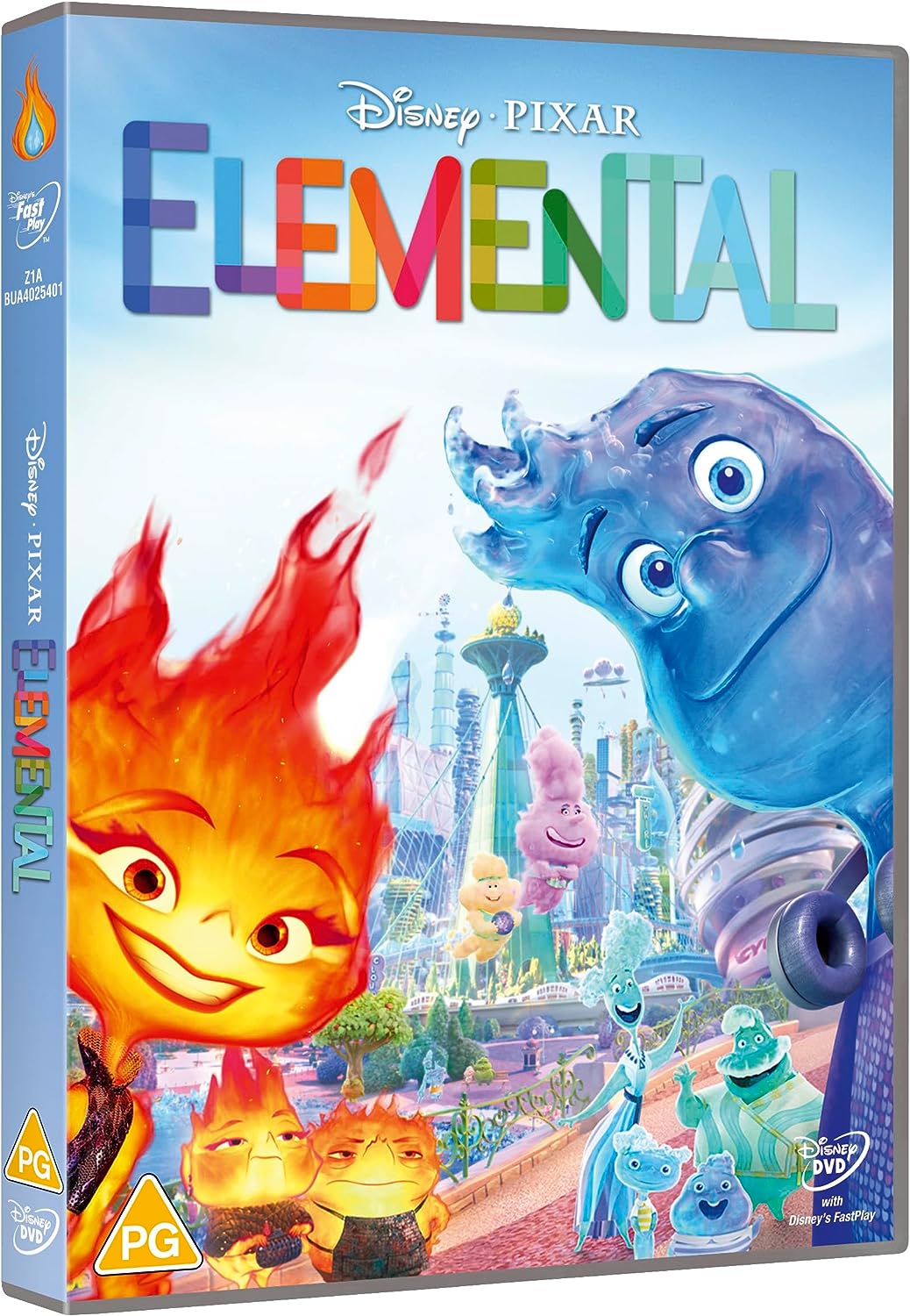 Disney Pixar’s Elemental DVD cover featuring fire, water, and city characters.