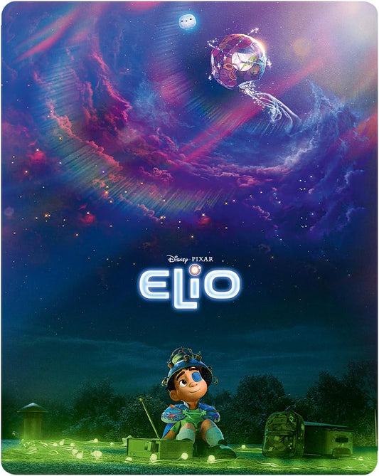 A boy in a helmet sits on grass under a cosmic, starry space sky.