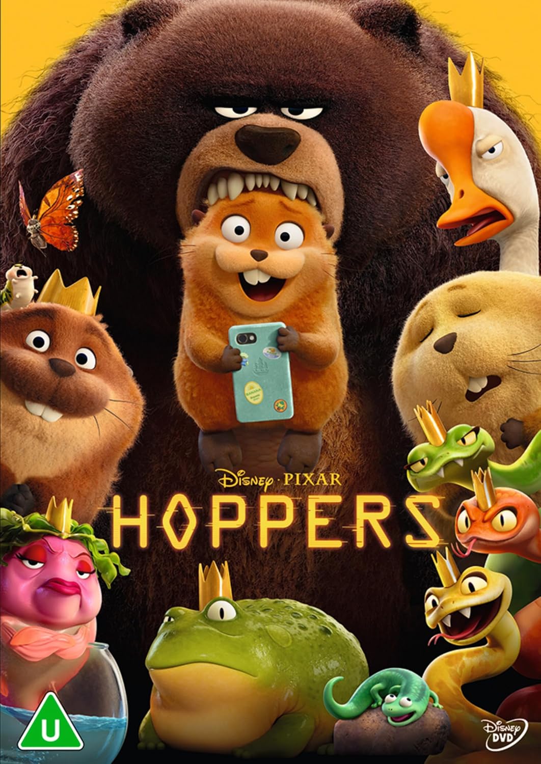 DVD cover art for Disney Pixar's Hoppers featuring various animals wearing crowns.