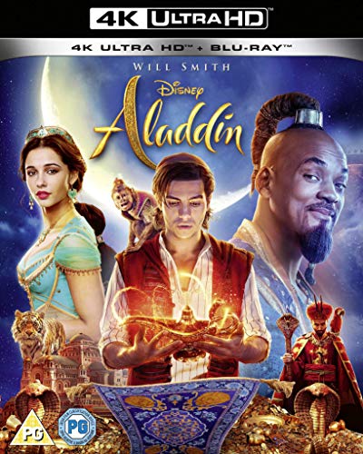 Aladdin Blu-ray cover featuring Will Smith, Mena Massoud, and Naomi Scott.