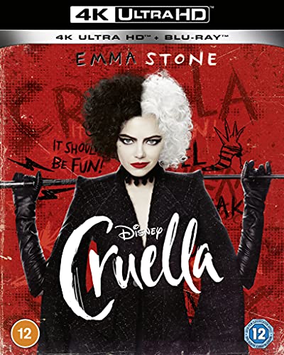 Cruella Blu-ray cover featuring Emma Stone with striking two-tone hair.