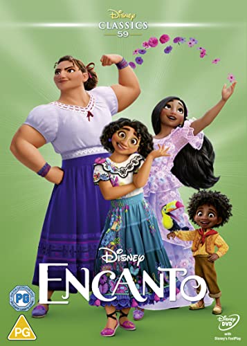 Four characters from Disney's Encanto stand together against a light green background.