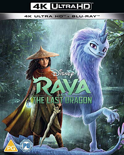 Raya and Sisu, a dragon, on the cover of a 4K UHD Blu-ray.