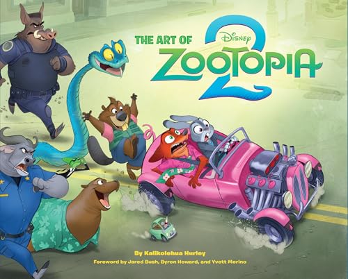 Book cover for The Art of Zootopia 2 featuring animated characters in a pink car.