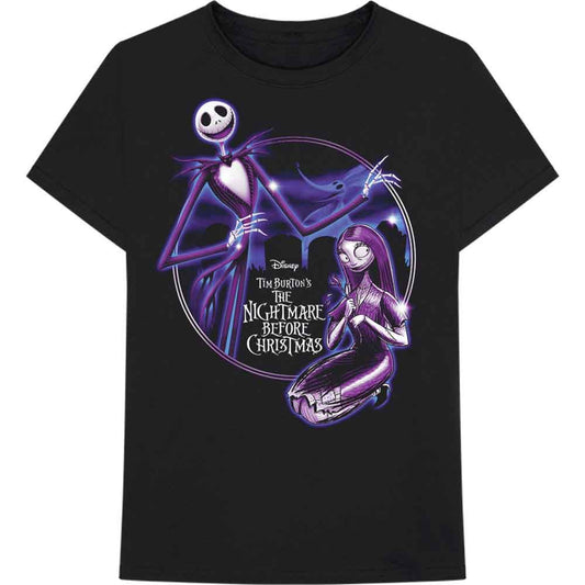 Black t-shirt with purple graphic of Jack and Sally from The Nightmare Before Christmas.