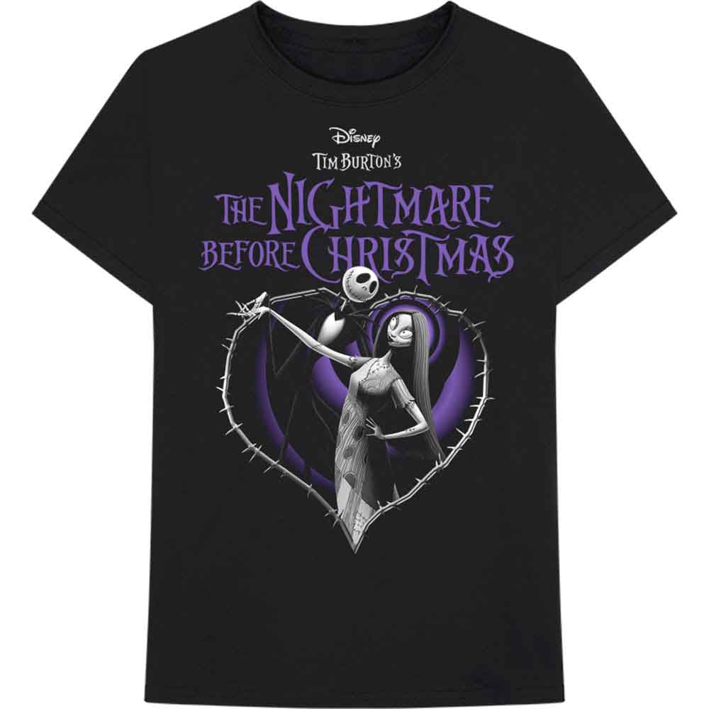 Black t-shirt with Jack and Sally from The Nightmare Before Christmas design.