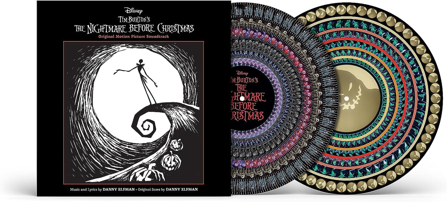 The Nightmare Before Christmas soundtrack album cover next to a colorful zoetrope vinyl record.