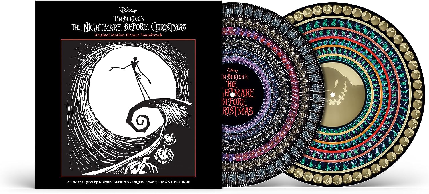 The Nightmare Before Christmas soundtrack album cover next to a colorful zoetrope vinyl record.