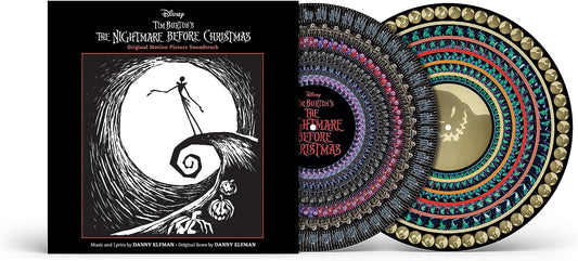 The Nightmare Before Christmas soundtrack album cover next to a colorful zoetrope vinyl record.