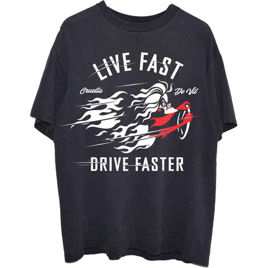 A black unisex t-shirt featuring a graphic of Cruella de Vil from 101 Dalmatians.