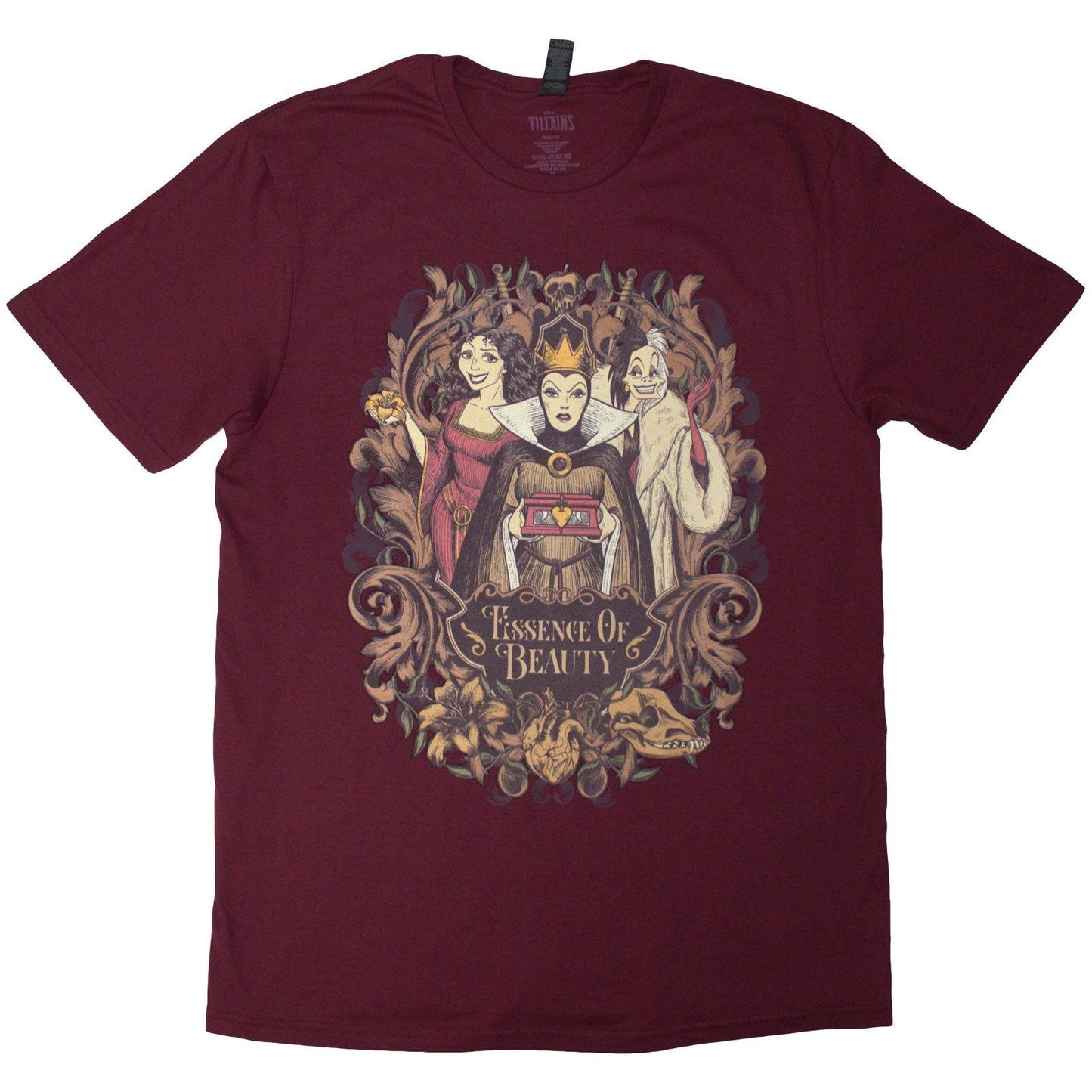 Maroon red unisex Disney T-shirt, size X-Large, with beauty-themed graphic.