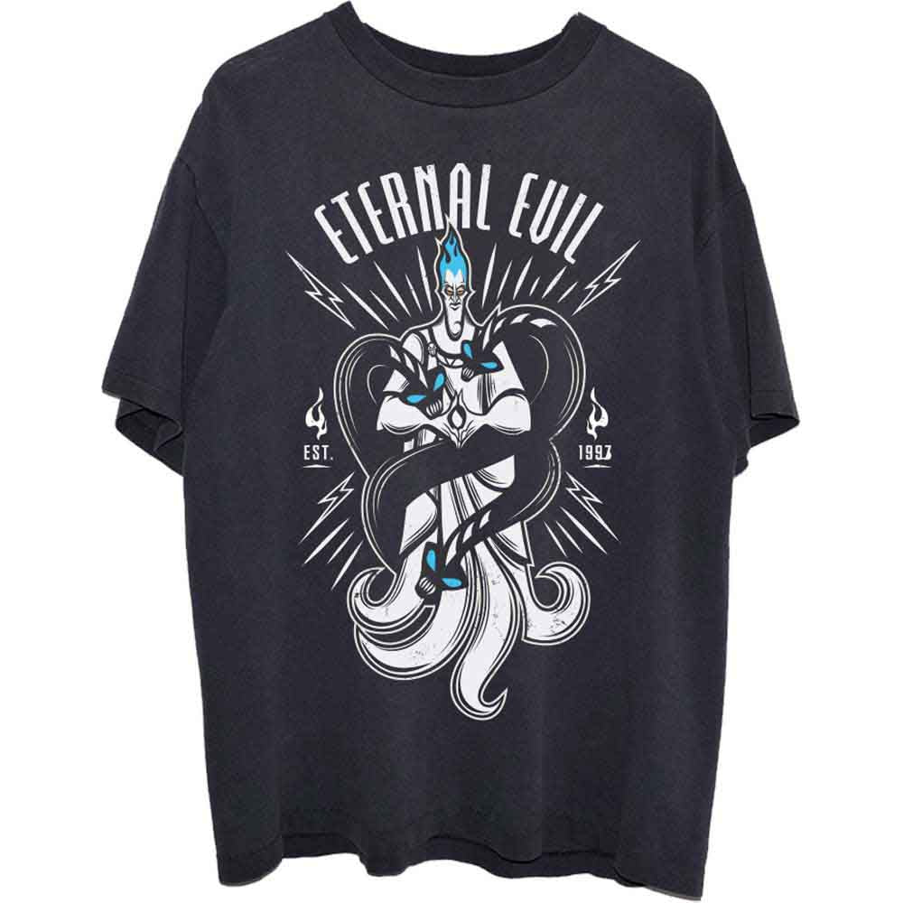 Black unisex t-shirt featuring a graphic print of Hades from Disney's Hercules.