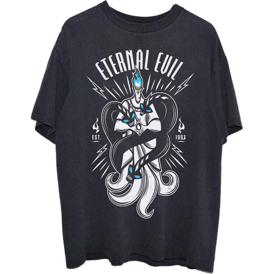 Black unisex t-shirt featuring a graphic print of Hades from Disney's Hercules.