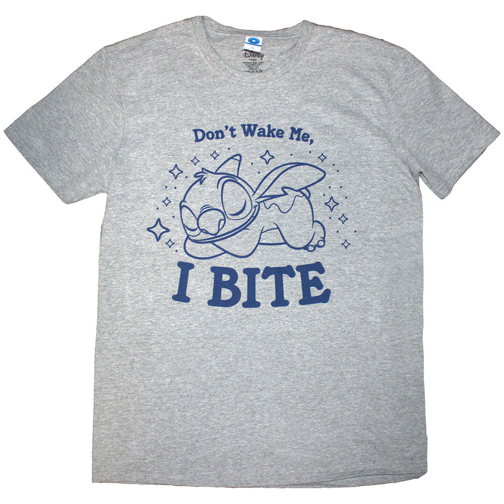 Grey t-shirt with cartoon Stitch graphic and “I Bite” text.