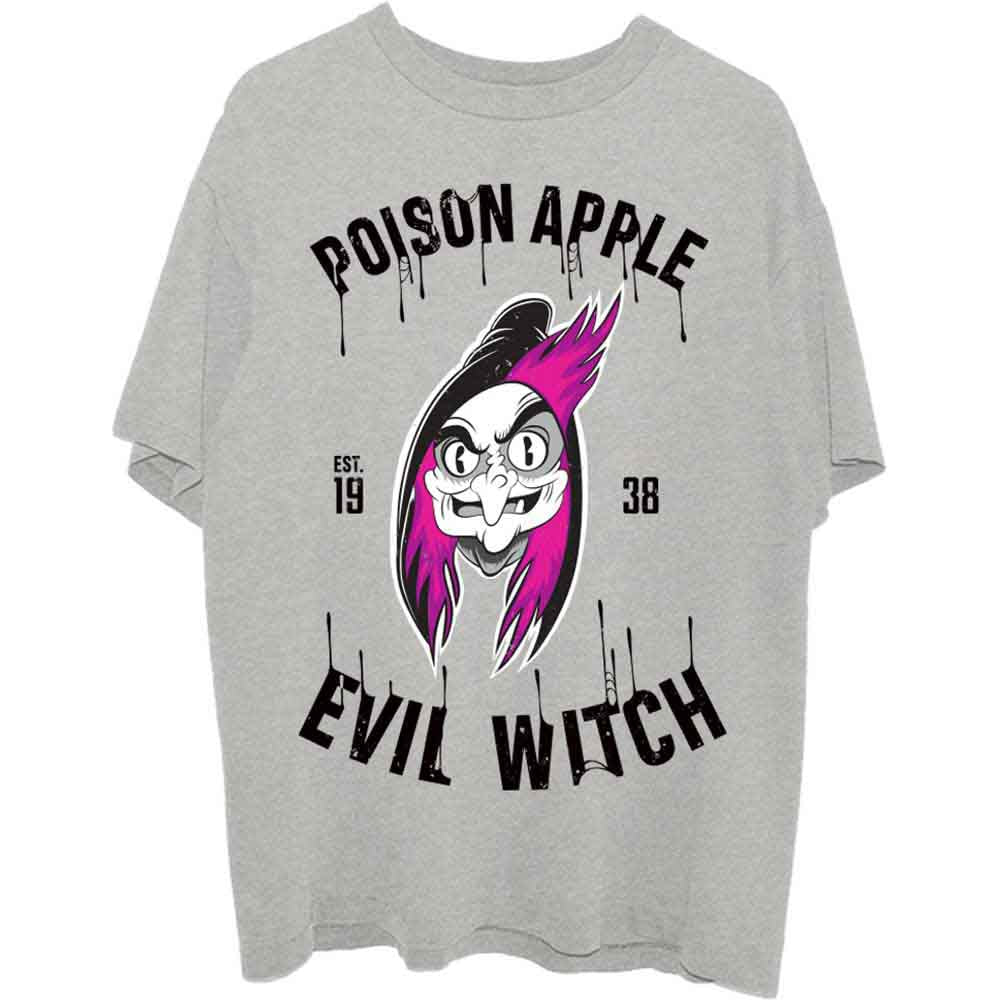 Unisex grey t-shirt featuring Snow White's Evil Queen holding a poison apple graphic.