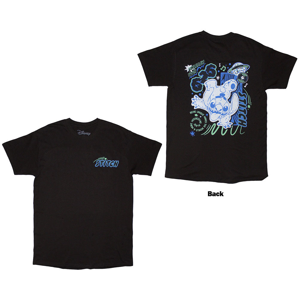 Black t-shirt with a large back print of Stitch doing a handstand.
