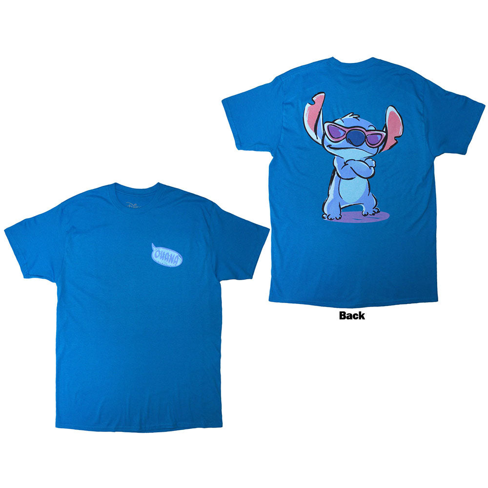 Blue t-shirt with Stitch “Ohana” design printed on the back, medium size.