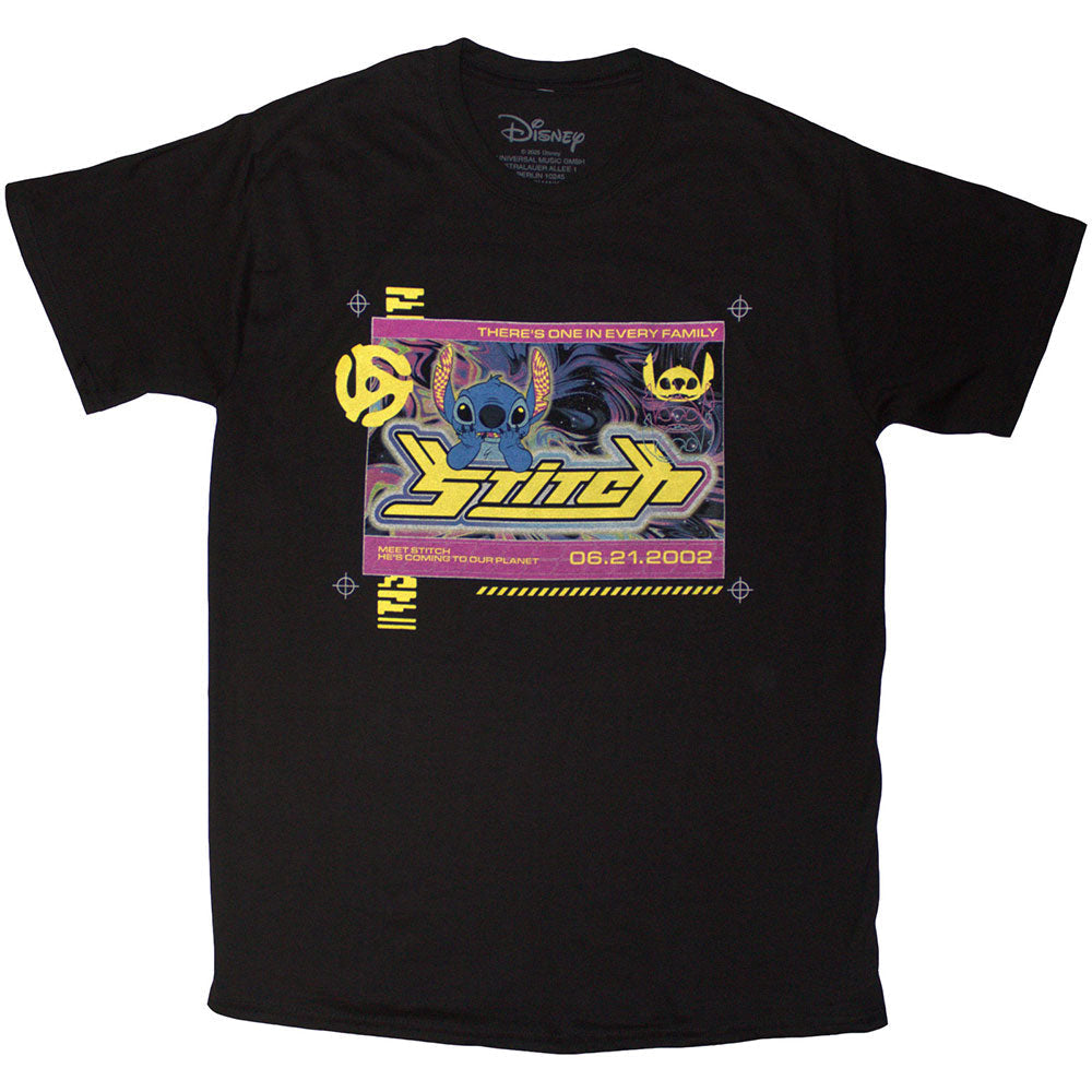 Black t-shirt featuring Stitch with text “One In Every Family”.
