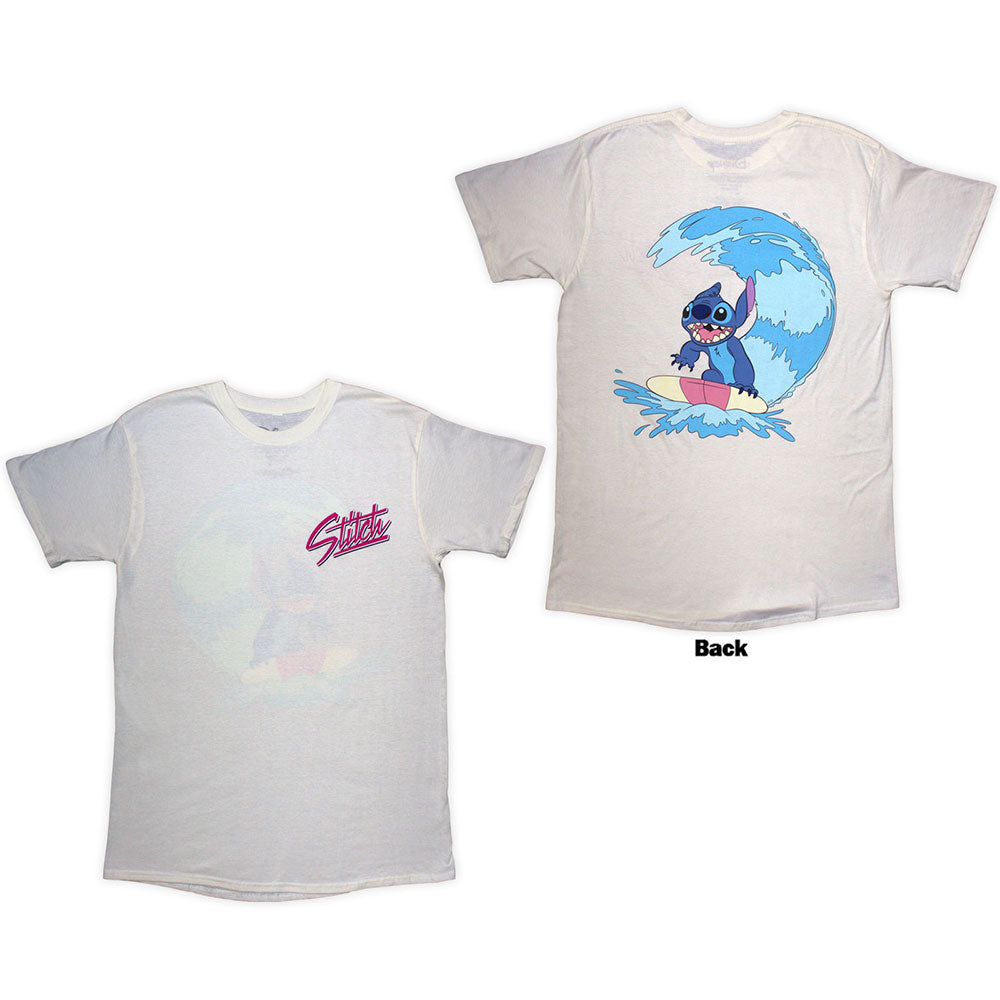 White t-shirt with a back print of Disney’s Stitch surfing.