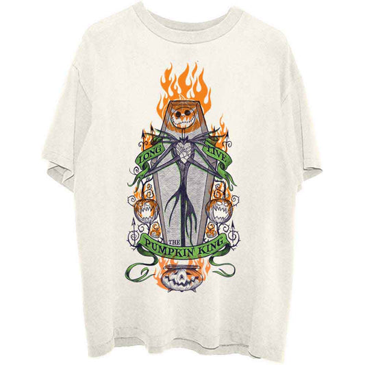 Black unisex t-shirt featuring Jack Skellington surrounded by orange flames and pumpkin imagery.