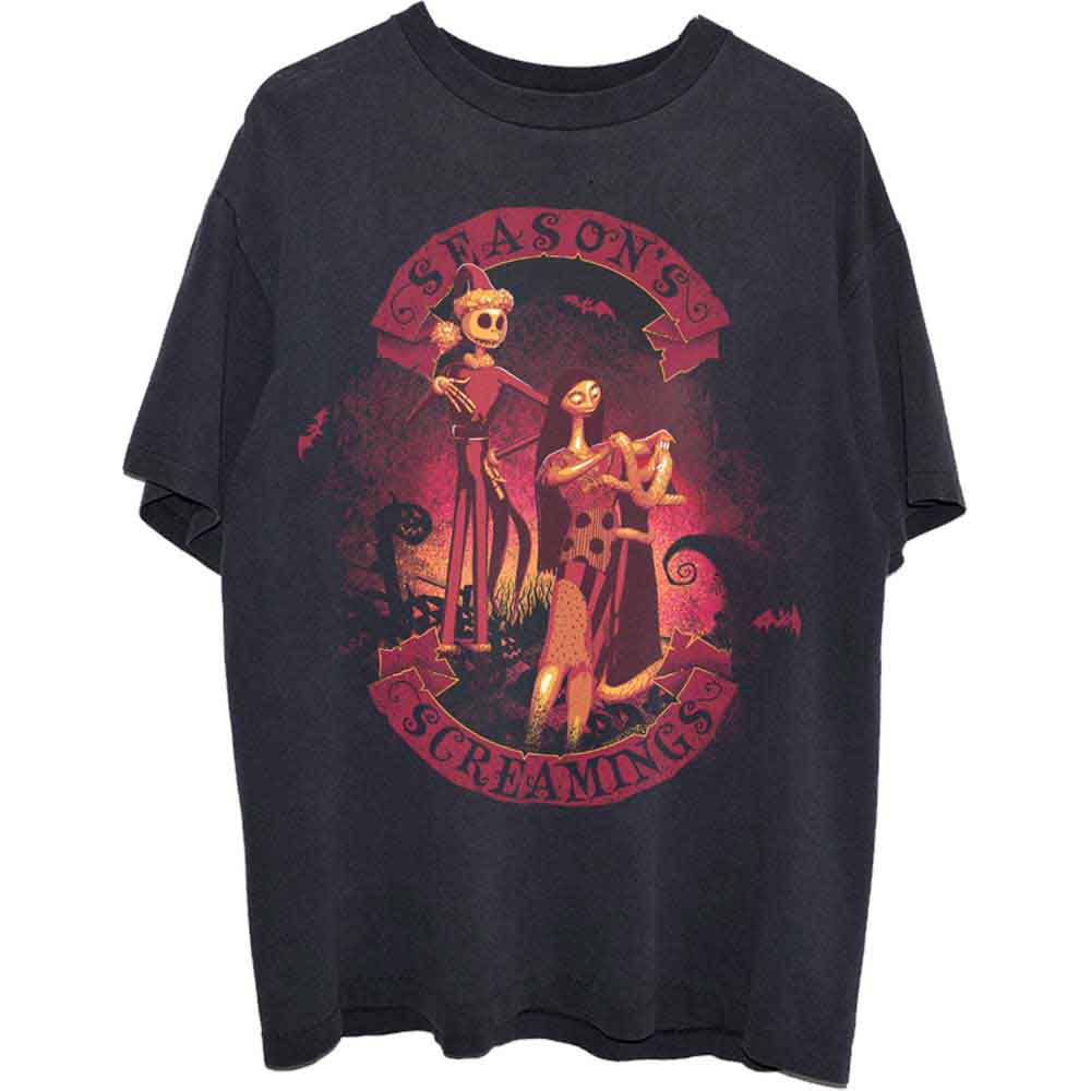 Black t-shirt with “Nightmare Before Christmas” themed “Season’s Screamings” graphic.