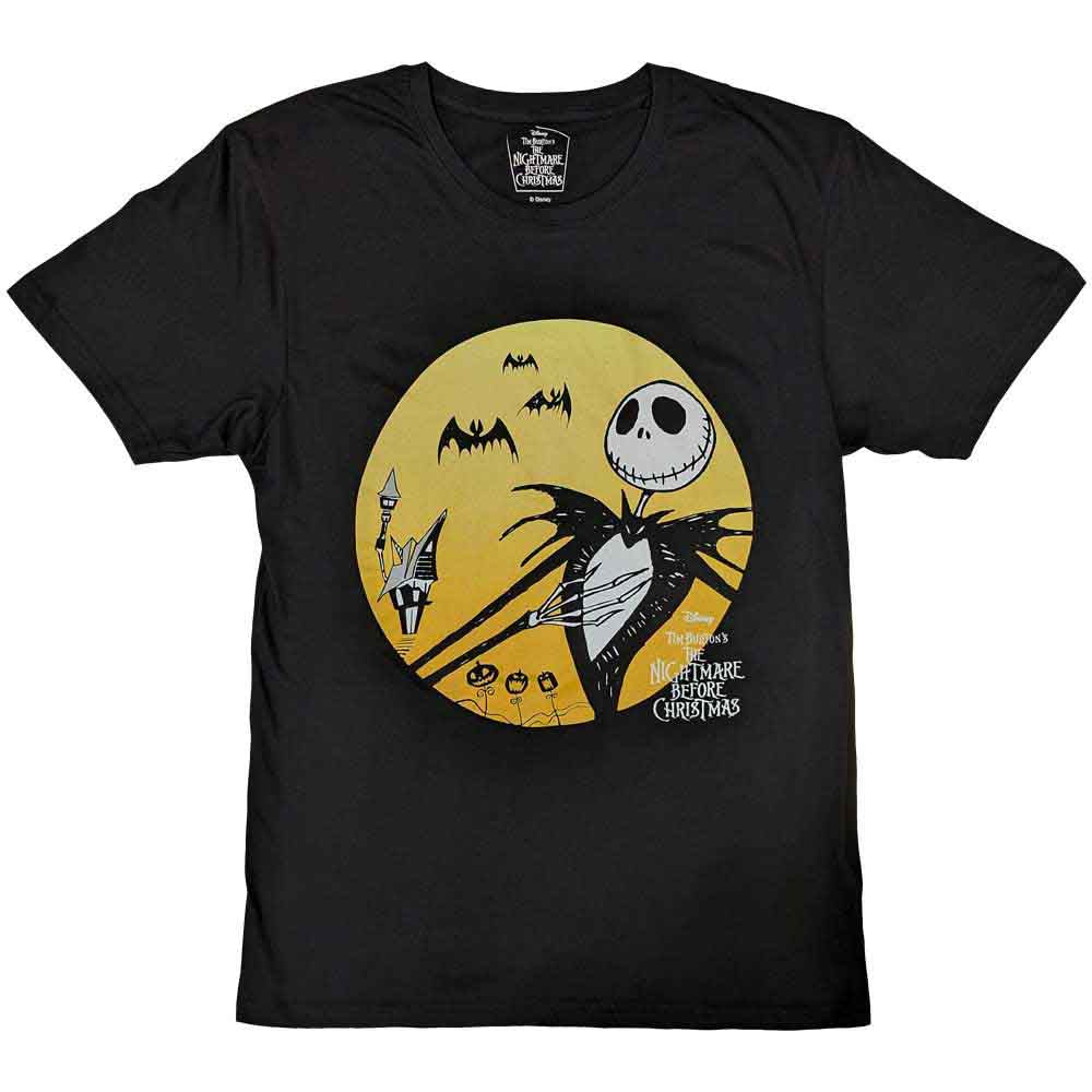 Jack Skellington silhouette against a sunset, on a black unisex t-shirt.