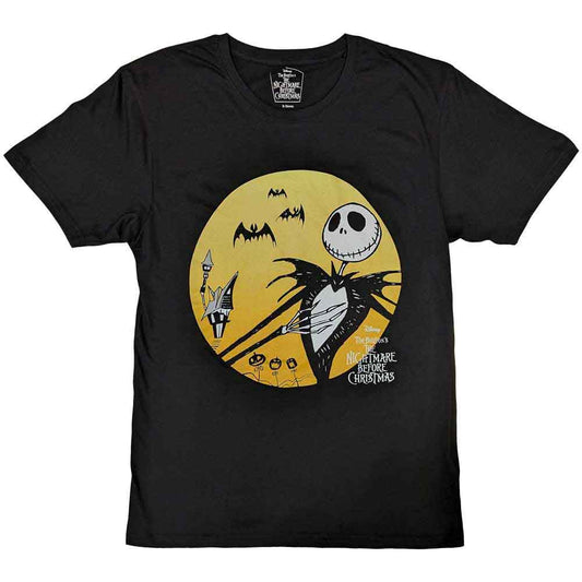 Jack Skellington silhouette against a sunset, on a black unisex t-shirt.