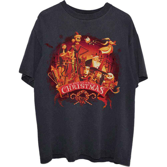 Black t-shirt with "Nightmare Before Christmas" festive design, size small.