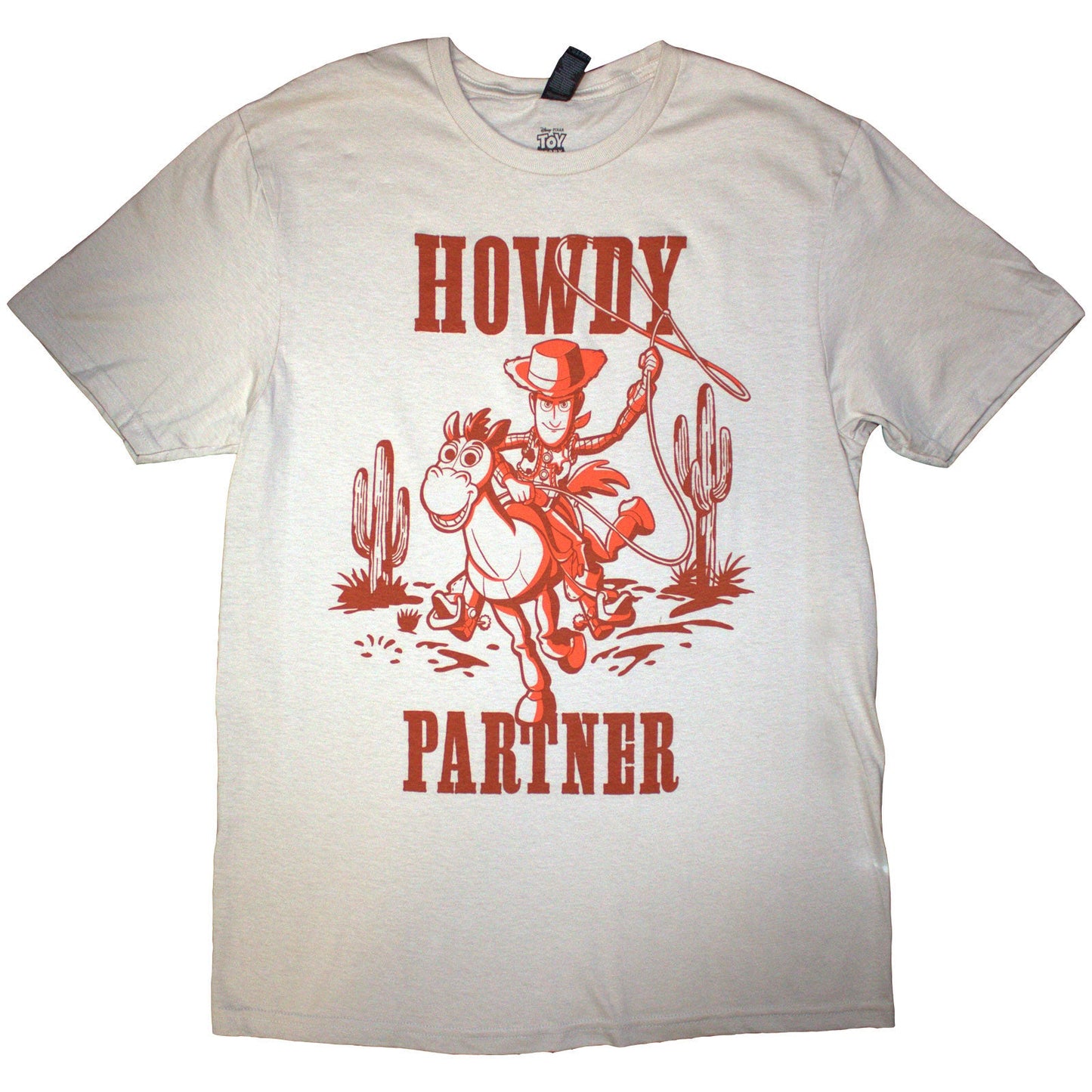 Natural-colored t-shirt with “Toy Story”’s Woody saying “Howdy Partner”.
