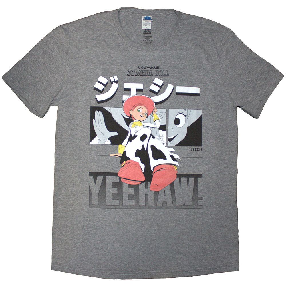 Grey t-shirt featuring Toy Story’s Jessie saying “Yeehaw” in a playful design.
