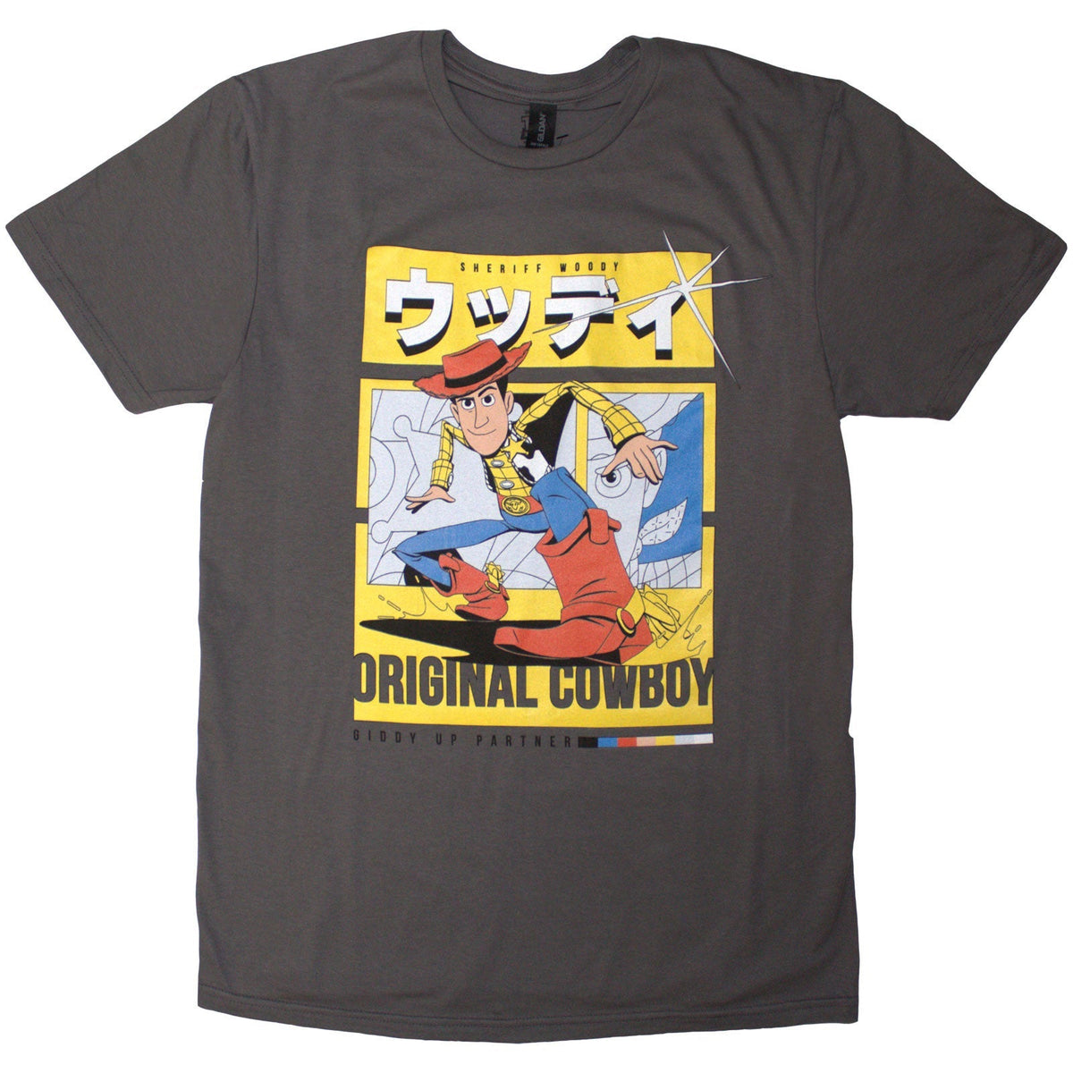 Charcoal grey t-shirt featuring Woody from Toy Story in original cowboy outfit.