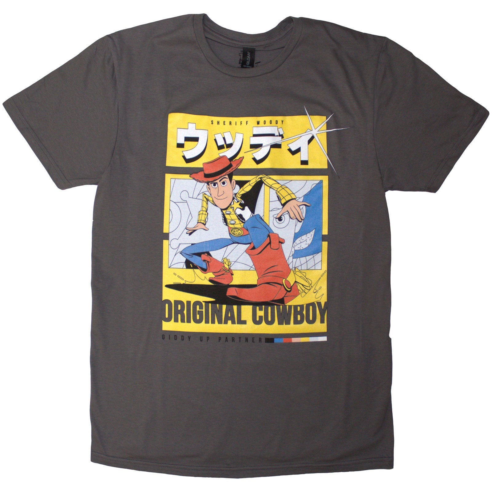 Charcoal grey t-shirt featuring Woody from Toy Story in original cowboy outfit.