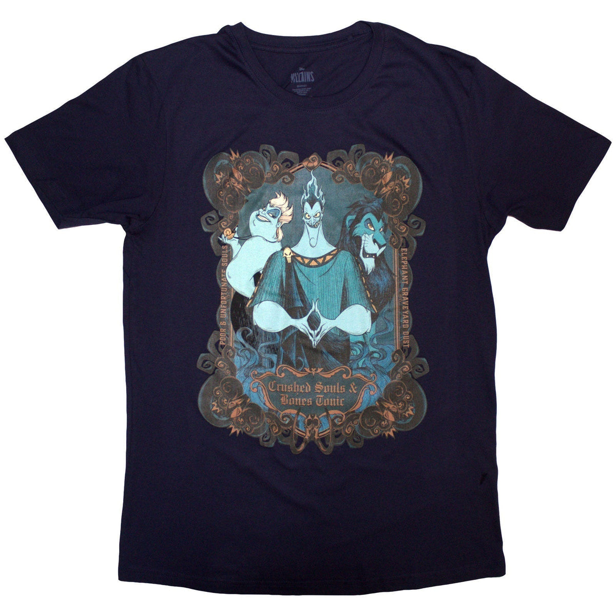 Navy blue t-shirt with distressed graphic of Disney villains’ faces.