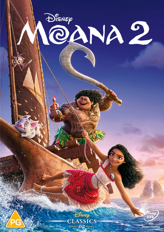Moana 2 DVD cover featuring Moana, Maui, and Hei Hei on a boat.