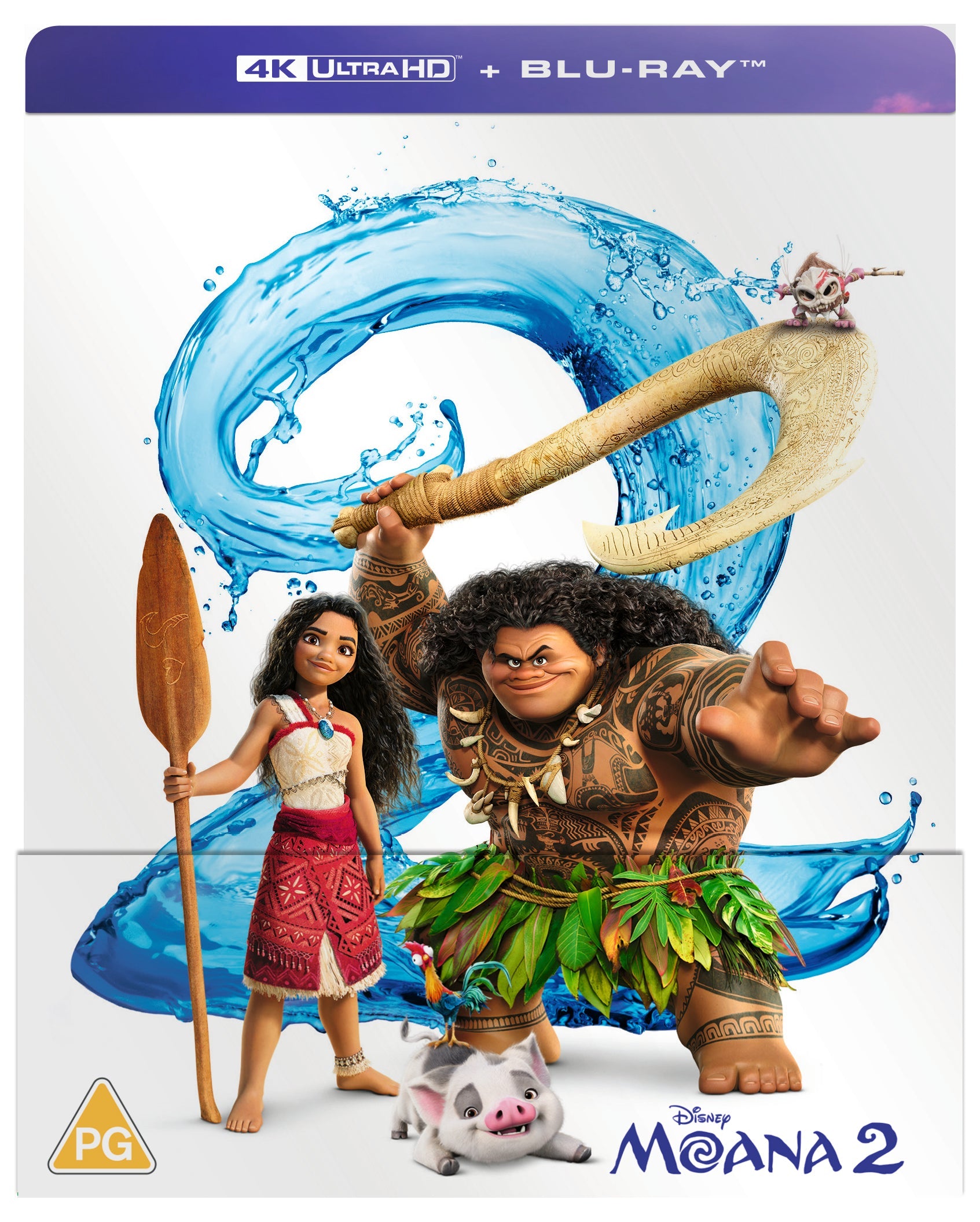 Moana 2 SteelBook featuring Moana, Maui, Pua, and Heihei against a swirling water background.