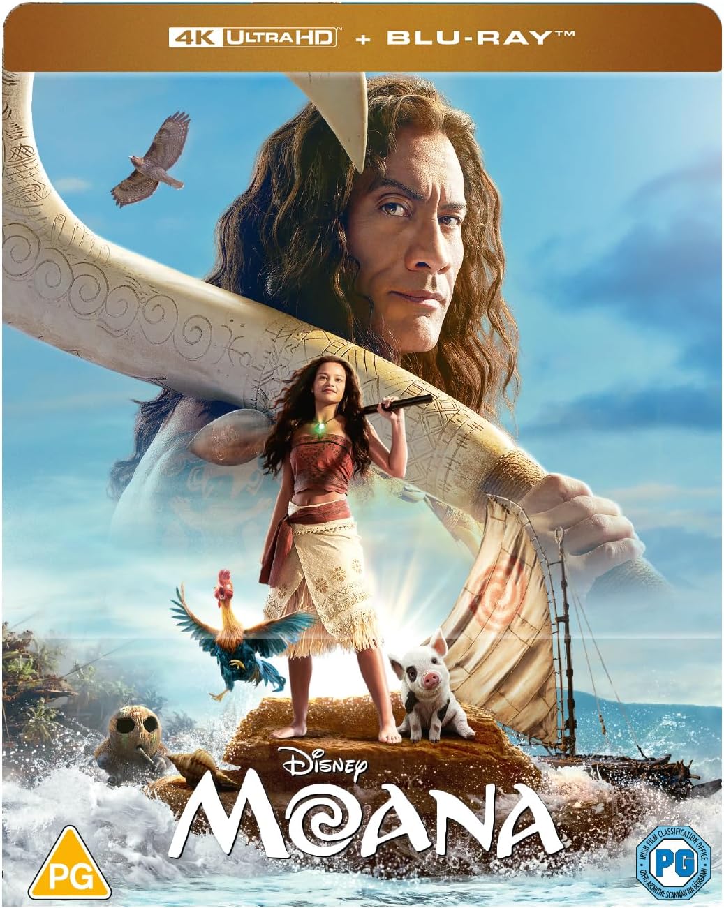 Moana and Maui on Blu-ray cover with ocean and sky background.