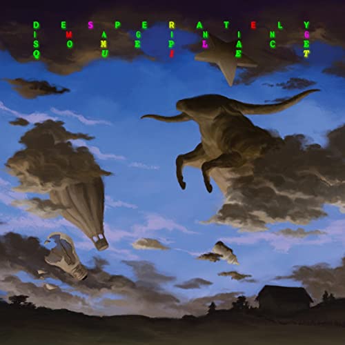 CD cover: Surreal landscape with a star, animal, and hot air balloon.