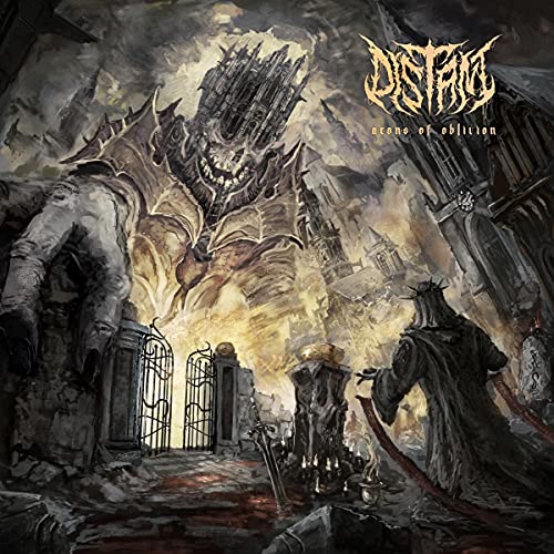 Dark fantasy art showing a giant skeletal creature looming over a ruined gothic city.