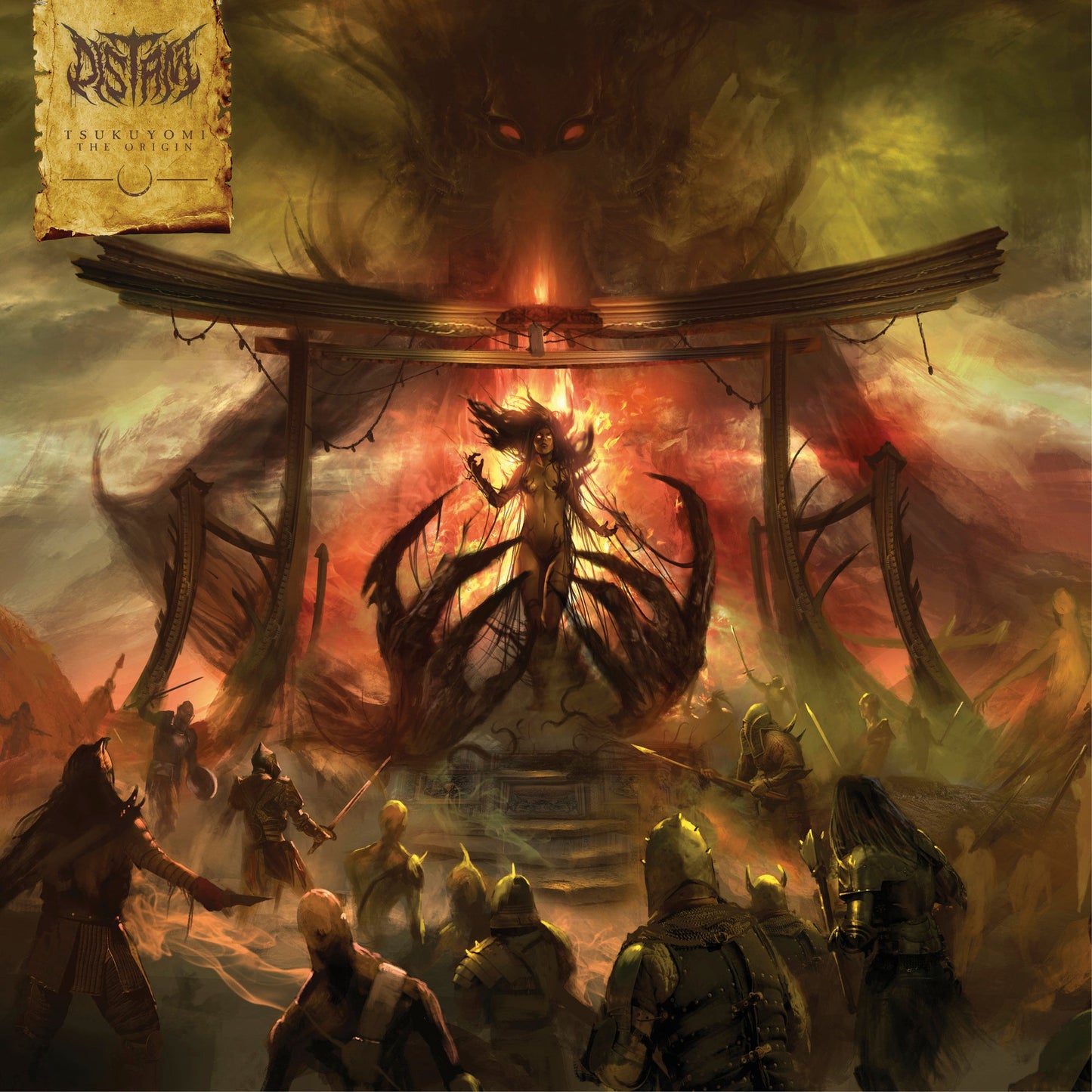Fantasy album cover depicting a monstrous figure with worshippers.