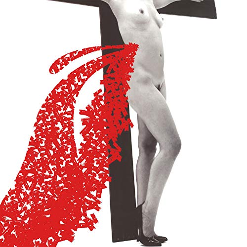 A black-and-white image of a woman standing beside a cross, with red abstract shapes.
