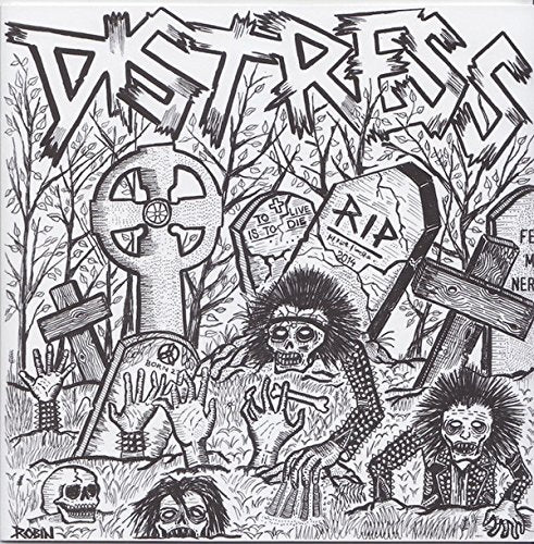 Black and white illustration of zombies and tombstones, album cover art.