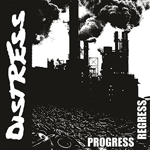 Black and white illustration of a smoking factory above a pile of tires.