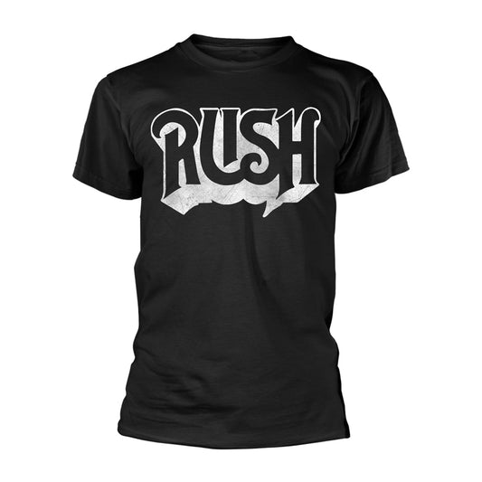 Black t-shirt with a distressed white "RUSH" band logo print.