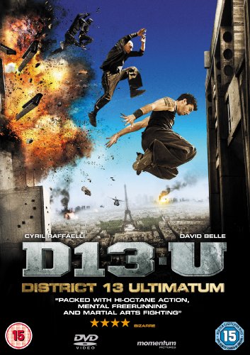 Two men jump through the air against a backdrop of explosions and Paris cityscape.