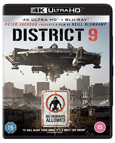 District 9" Blu-ray cover with spaceship, cityscape, and "No Humans Allowed" sign.