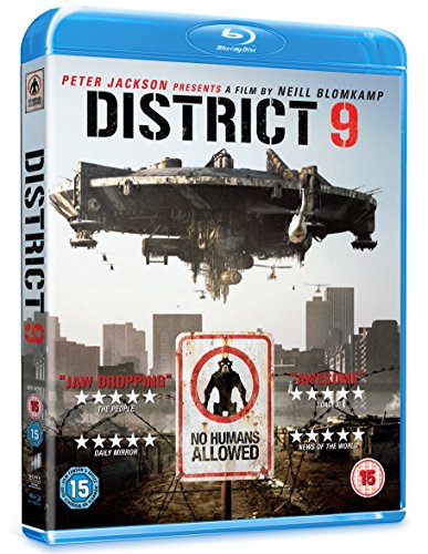 District 9" Blu-ray cover featuring an alien spaceship and a "No Humans Allowed" sign.